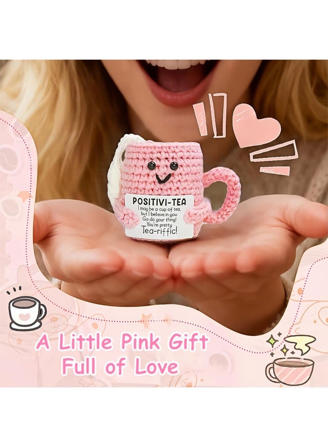 Cute Birthday Gifts for Women, Positive Handmade Crochet Pink Tea Cup Desk Decor–Tea Lovers Funny Unique Emotional Small Gift for Best Friends Girlfriend Wife Mom Coworkers Thank You Valentines Day - Image 2